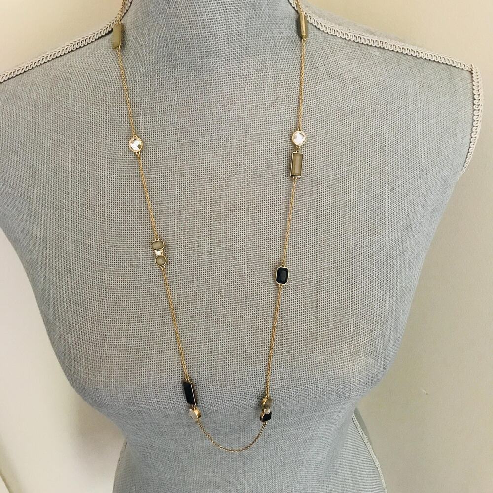 Kate Spade Station Necklace | Long Gold Tone |Black Crystal Layering| Minimalist